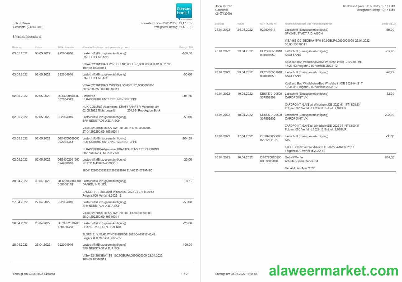 Germany Consorsbank statement 2 pages
